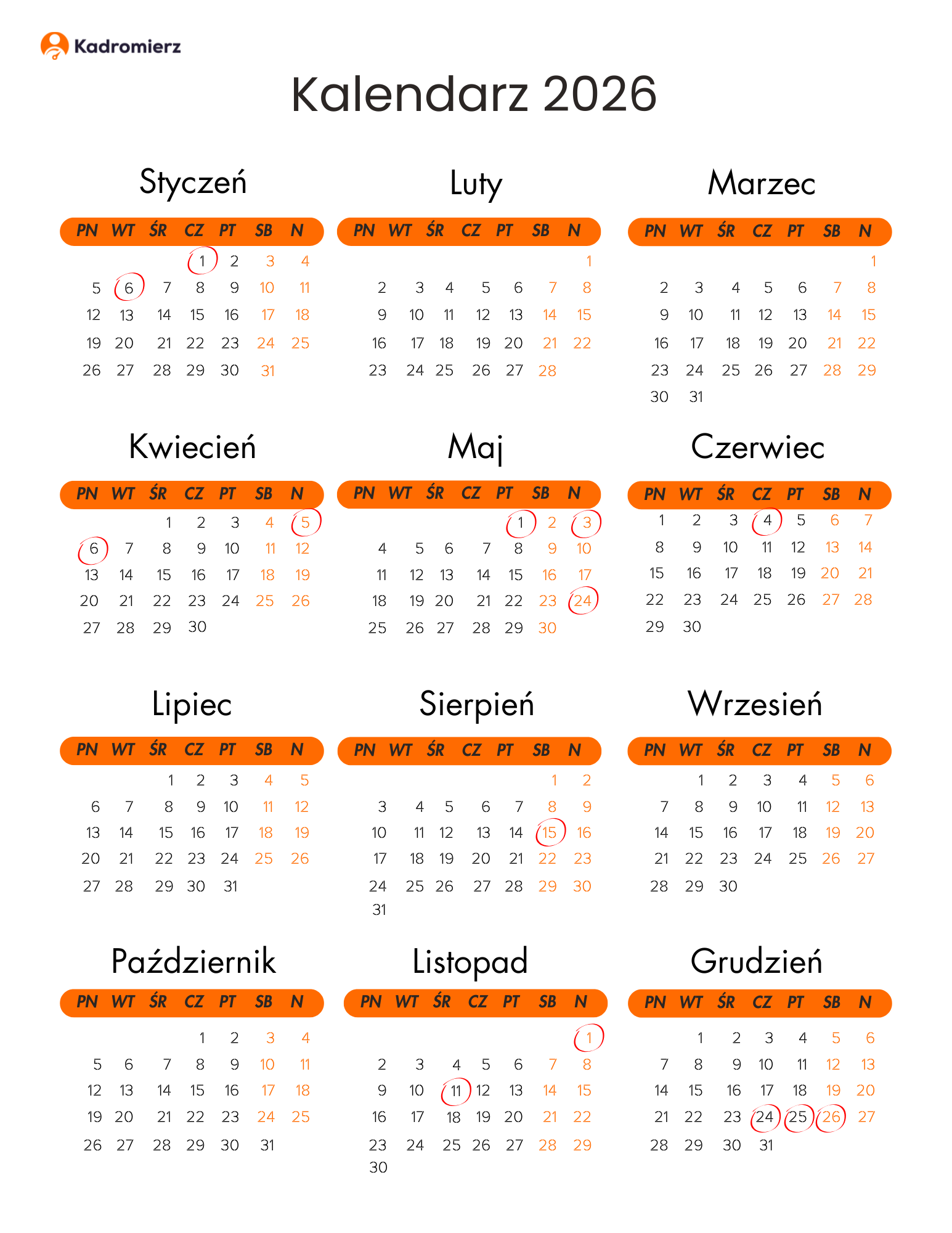 Kalendarz dni wolnych 2026